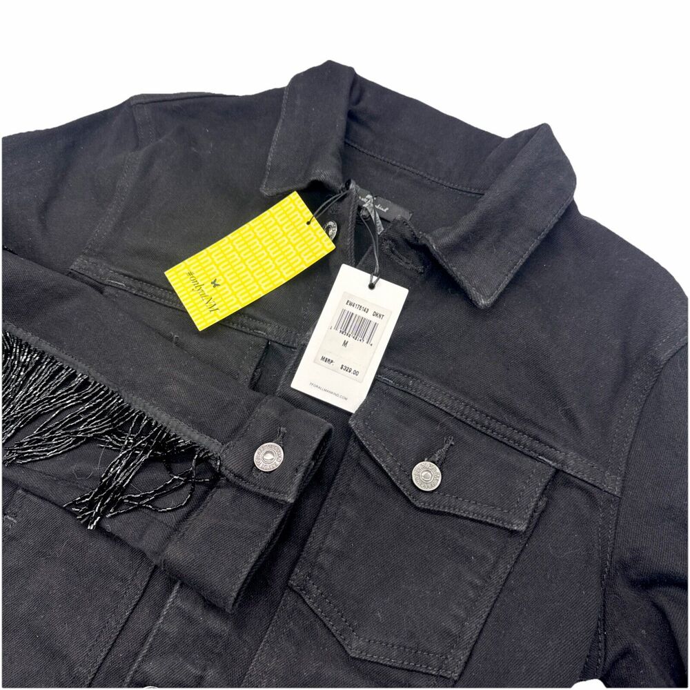 Seven 7 For All Mankind Black Denim Crop Jean Jacket Size M Fringed Arms NWT NEW